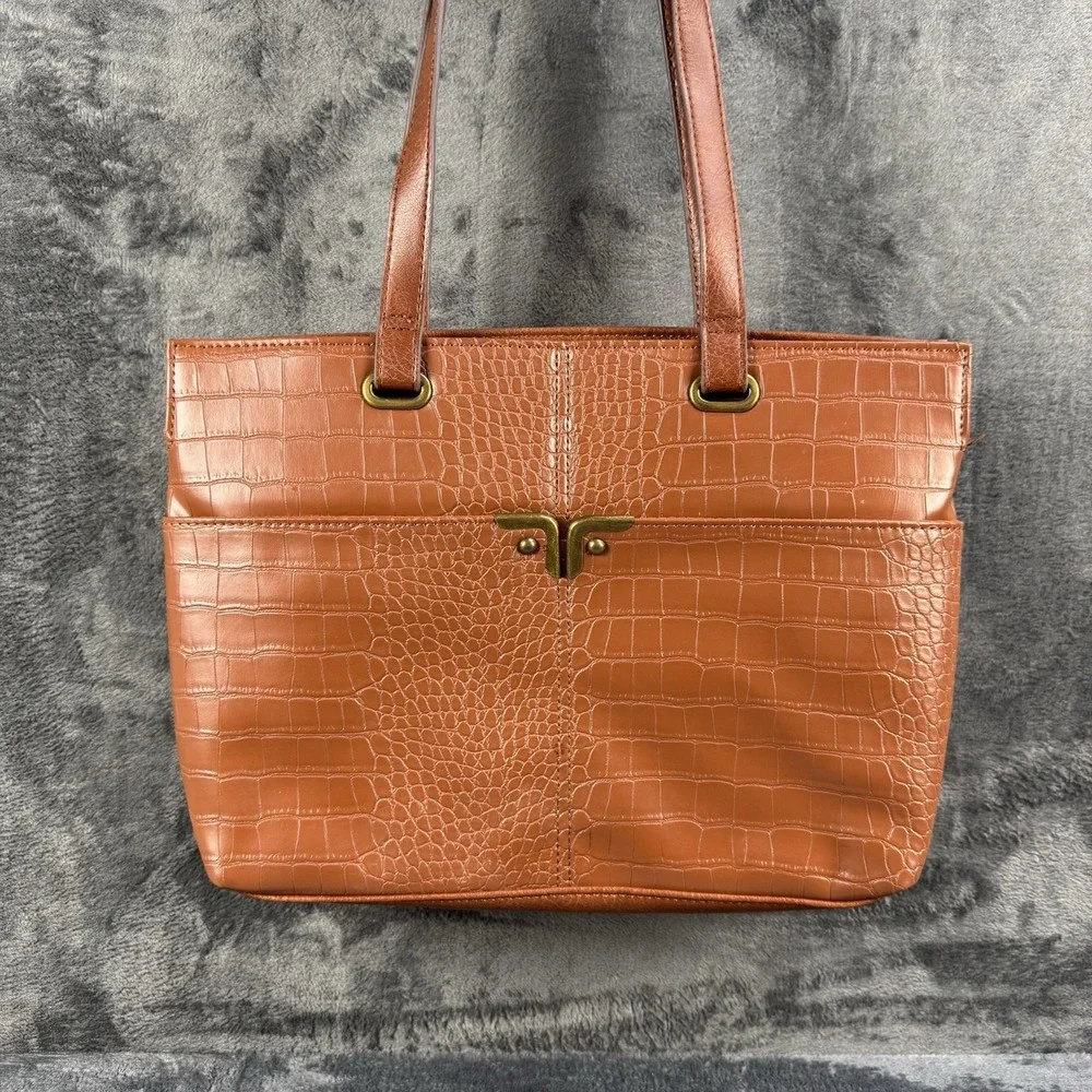 Bueno Brown Satchel Top Handle Bag Faux Leather Croc Embossed Gold Tone Hardware